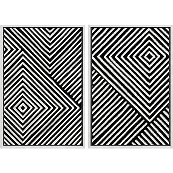 IDEA4WALL Framed Wall Art Print Set 3D Illusion Effect Black and White Diamond Collage Abstract Shapes Modern Contemporary for Living Room, Bedroom, Office - 24"x36"x2 White