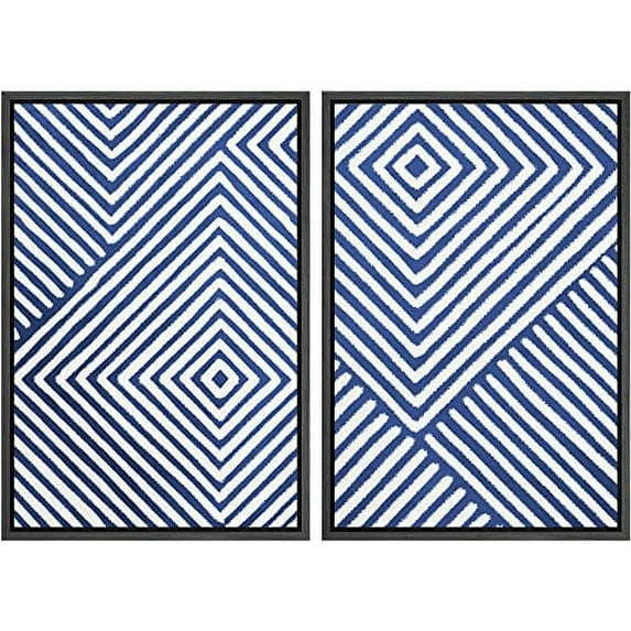 IDEA4WALL Framed Wall Art Print Set 3D Illusion Effect Blue and White Diamond Collage Abstract Shapes Modern Contemporary for Living Room, Bedroom, Office - 16"x24"x2 Black