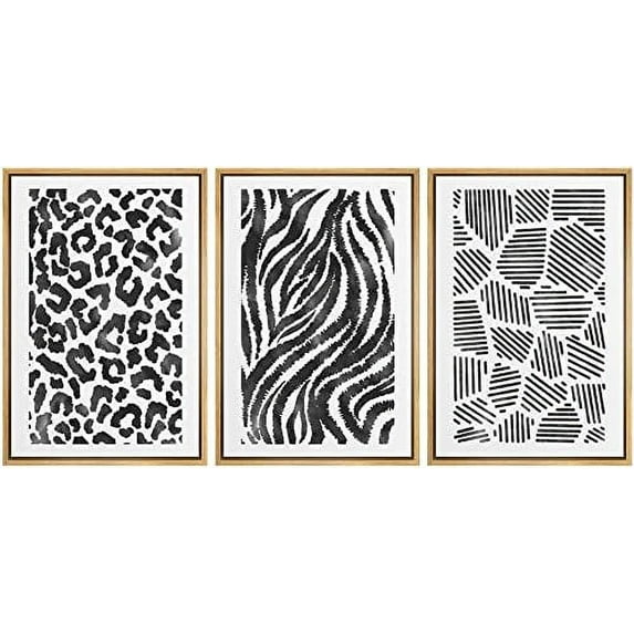 IDEA4WALL Framed Wall Art Print Set Black White Geometric Shape Collage Abstract Shapes Illustrations Modern Decorative Multicolor Boho for Living Room, Bedroom, Office - 24"x36"x3 Natural