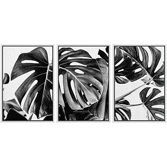 IDEA4WALL Framed Wall Art Print Set Black White Tropical Monstera Leaves Nature Modern Decorative Multicolor Chic for Living Room, Bedroom, Office - 24"x36"x3 White