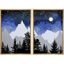 IDEA4WALL Framed Wall Art Print Set Blue & Black Watercolor Star Sky & Mountain Forest Nature Wilderness Modern Rustic Colorful for Living Room, Bedroom, Office - 24"x36"x2 Natural