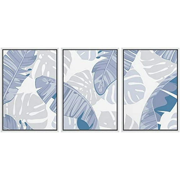 IDEA4WALL Framed Wall Art Print Set Blue Gray Tropical Monstera Leaf Collage Nature Illustrations Modern Decorative Chic for Living Room, Bedroom, Office - 24"x36"x3 White