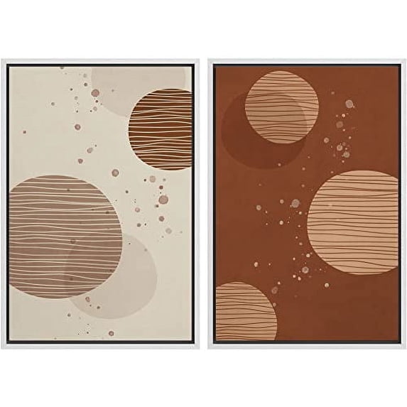 IDEA4WALL Framed Wall Art Print Set Brown and Tan Striped Circles with Paint Splatter Abstract Shapes Modern Contemporary for Living Room, Bedroom, Office - 16"x24"x2 White