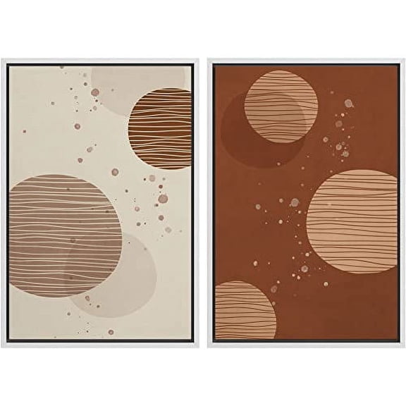 IDEA4WALL Framed Wall Art Print Set Brown and Tan Striped Circles with Paint Splatter Abstract Shapes Modern Contemporary for Living Room, Bedroom, Office - 16"x24"x2 White