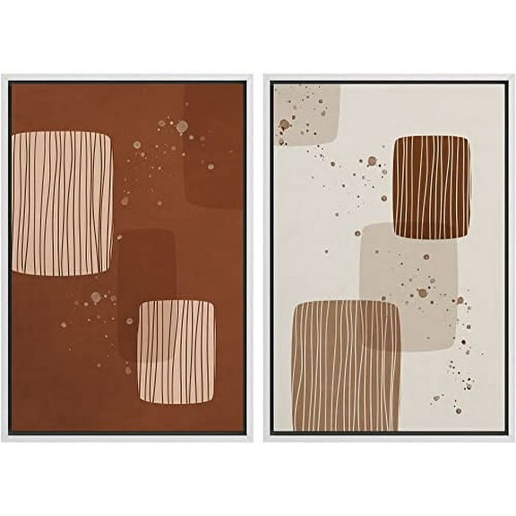 IDEA4WALL Framed Wall Art Print Set Brown and Tan Striped Squares with Paint Splatter Abstract Shapes Modern Contemporary for Living Room, Bedroom, Office - 24"x36"x2 White