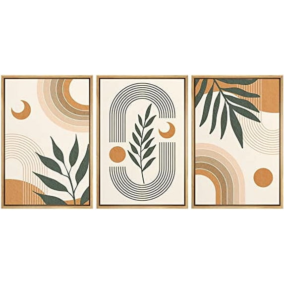 IDEA4WALL Framed Wall Art Print Set Geometric Crescent Moon Tropical Plants Nature Abstract Illustrations Modern Decorative Chic for Living Room, Bedroom, Office - 16"x24"x3 Natural