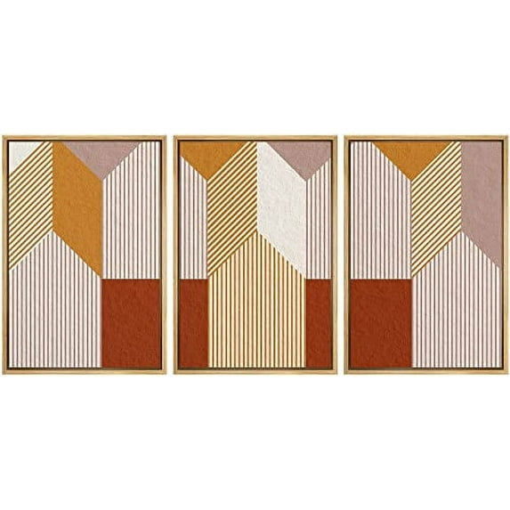 IDEA4WALL Framed Wall Art Print Set Geometric Orange 3D Illusion Polygons Abstract Shapes Illustrations Modern Decorative Boho for Living Room, Bedroom, Office - 16"x24"x3 Natural