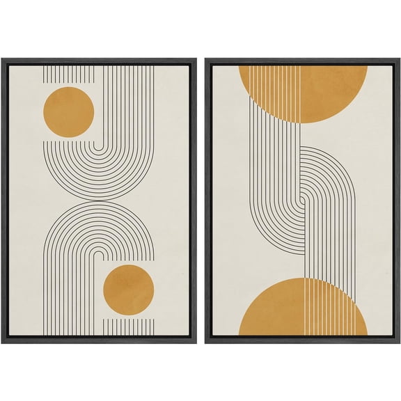 IDEA4WALL Framed Wall Art Print Set Gold Circles with Twisting Geometric Line Art Abstract Shapes Illustrations Modern Art Chic Nordic for Living Room, Bedroom, Office - 24"x36"x2 Black