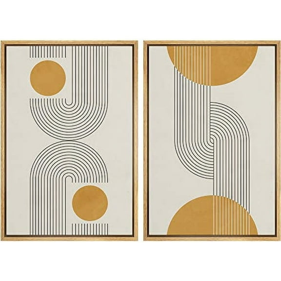 IDEA4WALL Framed Wall Art Print Set Gold Circles with Twisting Geometric Line Art Abstract Shapes Illustrations Modern Art Chic Nordic for Living Room, Bedroom, Office - 16"x24"x2 Natural