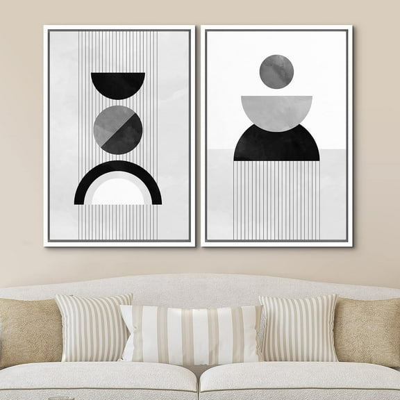 IDEA4WALL Framed Wall Art Print Set Gray, Black and White Semi Circles and Lines Abstract Shapes Modern Art Minimalist Group Relax/Calm for Living Room, Bedroom, Office - 24"x36"x2 White