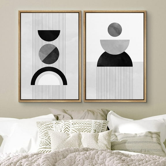 IDEA4WALL Framed Wall Art Print Set Gray, Black and White Semi Circles and Lines Abstract Shapes Modern Art Minimalist Group Relax/Calm for Living Room, Bedroom, Office - 16"x24"x2 Natural
