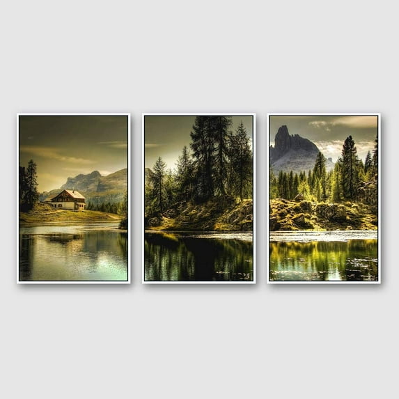 IDEA4WALL Framed Wall Art Print Set Green Forest & River with Farm Cottage Nature Wilderness Photography Realism Rustic Scenic Colorful Ultra for Living Room, Bedroom, Office - 16"x24"x3 White