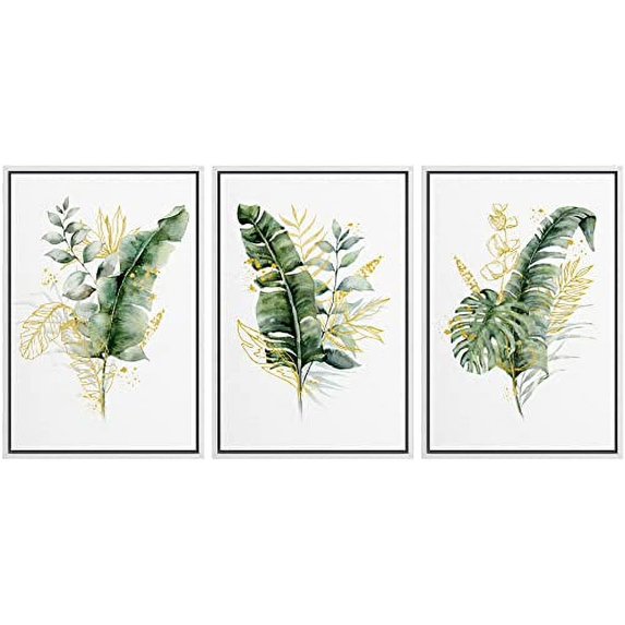 IDEA4WALL Framed Wall Art Print Set Green Yellow Pastel Forest Plant Variety Nature Illustrations Modern Decorative Chic for Living Room, Bedroom, Office - 16"x24"x3 White