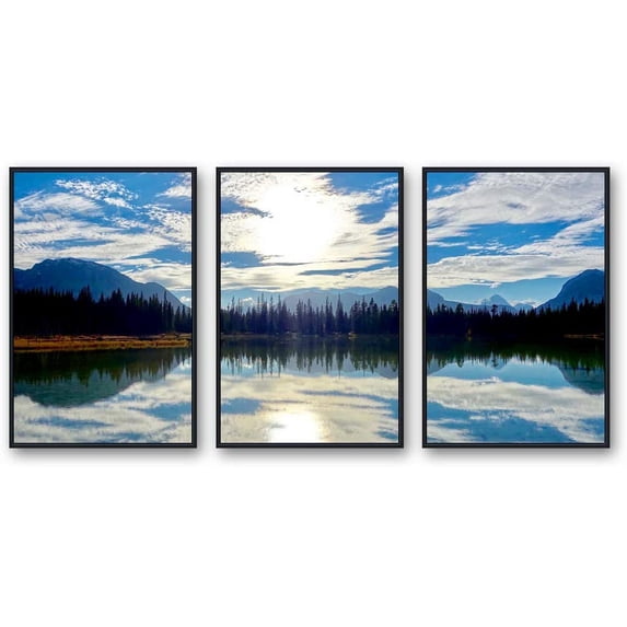 IDEA4WALL Framed Wall Art Print Set Neon Blue Sky Reflection on Forest Lake Nature Wilderness Photography Realism Rustic Scenic Colorful Ultra for Living Room, Bedroom, Office - 24"x36"x3 Black