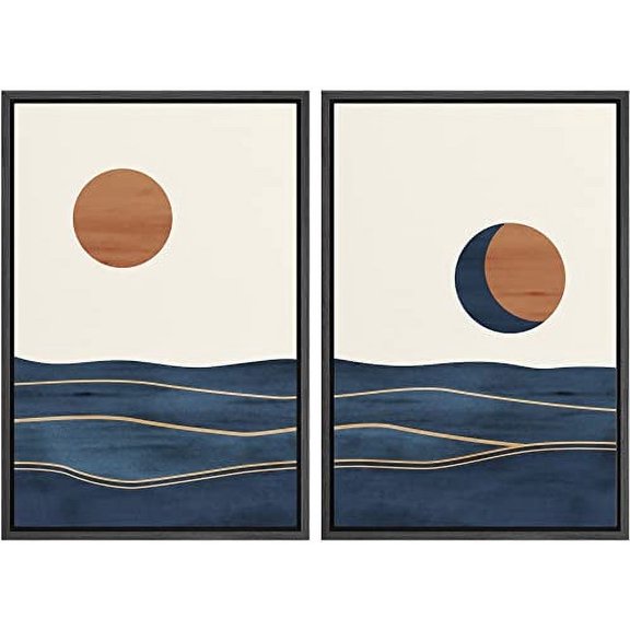 IDEA4WALL Framed Wall Art Print Set Orange Sun Over Blue Watercolor Ocean Waves Abstract Shapes Modern Minimalist Chic Relax/Calm for Living Room, Bedroom, Office - 16"x24"x2 Black