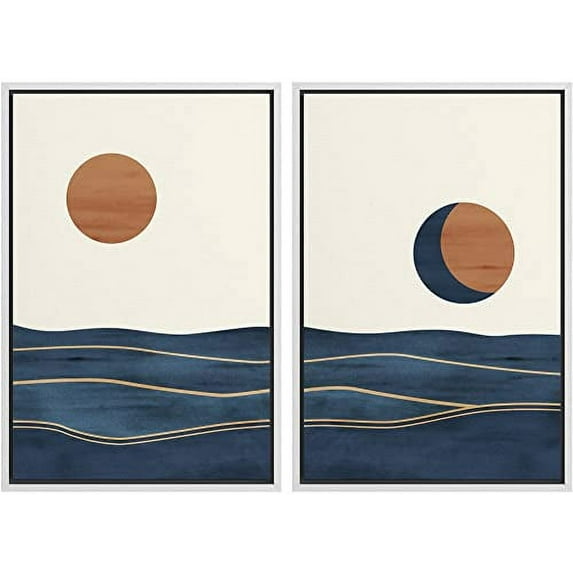 IDEA4WALL Framed Wall Art Print Set Orange Sun Over Blue Watercolor Ocean Waves Abstract Shapes Modern Minimalist Chic Relax/Calm for Living Room, Bedroom, Office - 24"x36"x2 White