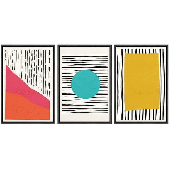 IDEA4WALL Framed Wall Art Print Set Red, Teal & Yellow Polygons on Stripes Abstract Shapes Modern Art Minimalist Group Colorful for Living Room, Bedroom, Office - 16"x24"x3 Black