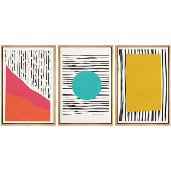 IDEA4WALL Framed Wall Art Print Set Red, Teal & Yellow Polygons on Stripes Abstract Shapes Modern Art Minimalist Group Colorful for Living Room, Bedroom, Office - 16"x24"x3 Natural