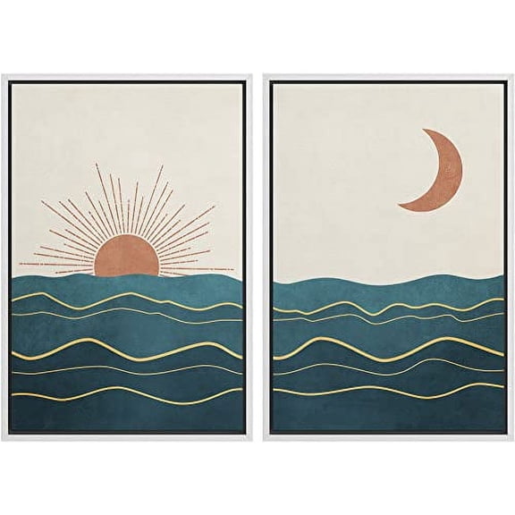 IDEA4WALL Framed Wall Art Print Set Shining Sun and Crescent Moon Over Teal Ocean Waves Abstract Shapes Modern Minimalist for Living Room, Bedroom, Office - 16"x24"x2 White