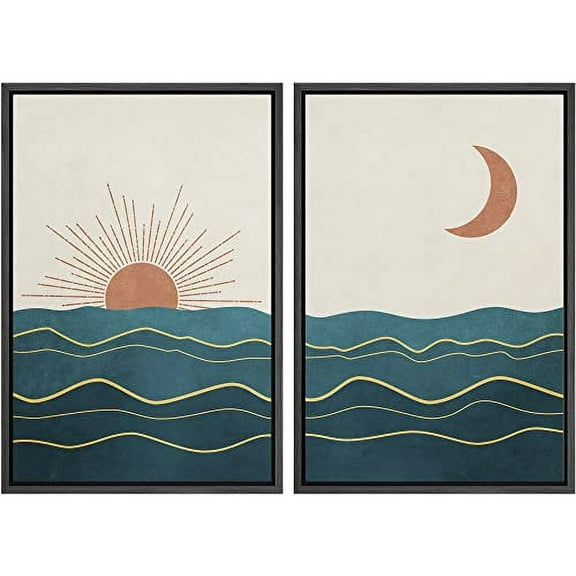 IDEA4WALL Framed Wall Art Print Set Shining Sun and Crescent Moon Over Teal Ocean Waves Abstract Shapes Modern Minimalist for Living Room, Bedroom, Office - 16"x24"x2 Black