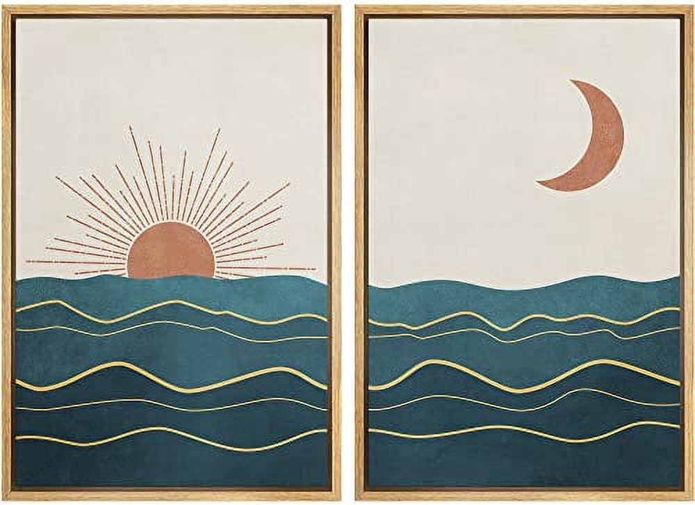 Natural Framed Abstract Sun and Moon Canvas Print Set