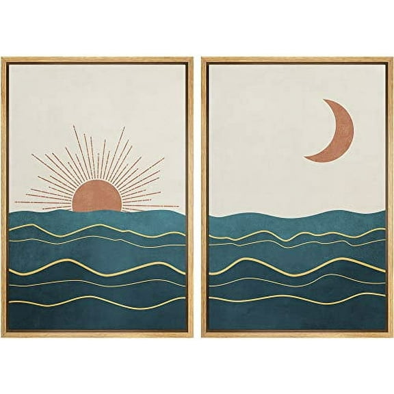 IDEA4WALL Framed Wall Art Print Set Shining Sun and Crescent Moon Over Teal Ocean Waves Abstract Shapes Modern Minimalist for Living Room, Bedroom, Office - 24"x36"x2 Natural