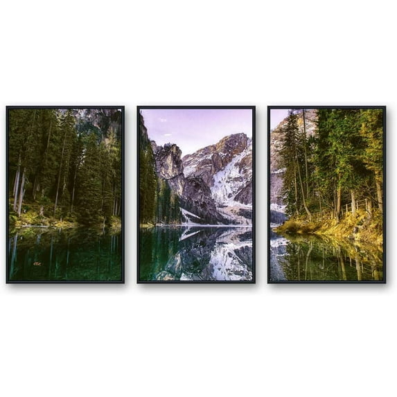 IDEA4WALL Framed Wall Art Print Set Snowy Winter Mountain with Lake & Forest Nature Wilderness Photography Realism Rustic Scenic Colorful Ultra for Living Room, Bedroom, Office - 16"x24"x3 Black