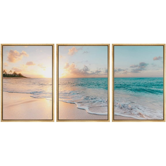 IDEA4WALL Framed Wall Art Print Set Sunset Horizon on Beach Shore Photography Nautical Landscape Ultra for Living Room, Bedroom, Office - 16"x24"x3 Natural