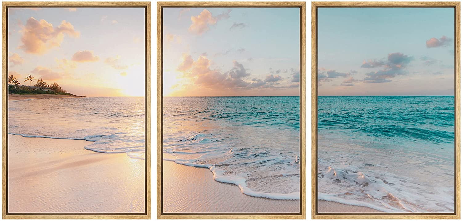 IDEA4WALL Framed Wall Art Print Set Sunset Horizon on Beach Shore ...