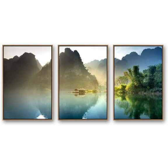 IDEA4WALL Framed Wall Art Print Set Thai Ocean Shack with Mountains at Dawn Nature Wilderness Photography Realism Rustic Scenic Colorful Ultra for Living Room, Bedroom, Office - 24"x36"x3 Natural