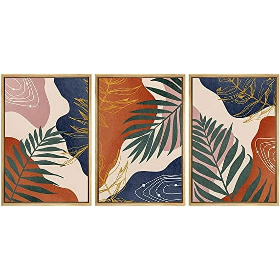 IDEA4WALL Framed Wall Art Print Set Tropical Geometric Jungle Palm Leaves Nature Illustrations Modern Decorative Chic for Living Room, Bedroom, Office - 24"x36"x3 Natural