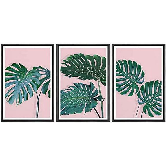 IDEA4WALL Framed Wall Art Print Set Tropical Monstera Jungle Leaf Collage Nature Modern Decorative Multicolor Chic for Living Room, Bedroom, Office - 24"x36"x3 Black