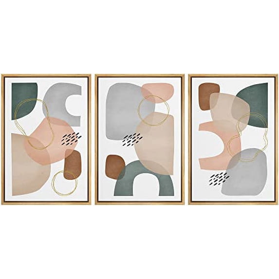 IDEA4WALL Framed Wall Art Print Set Vintage 1960s Retro Pastel Polygons Abstract Shapes Illustrations Modern Decorative Multicolor Boho for Living Room, Bedroom, Office - 16"x24"x3 Natural