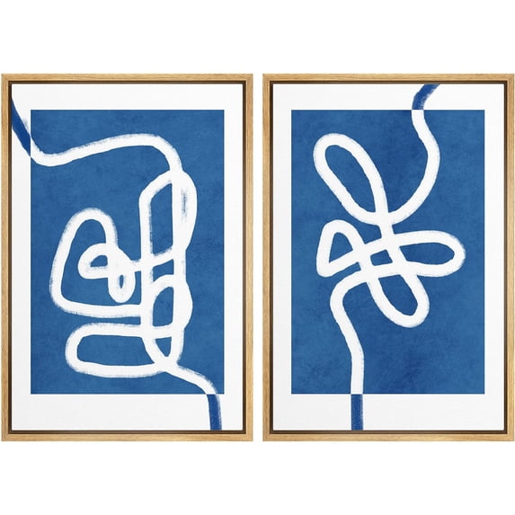 IDEA4WALL Framed Wall Art Print Set White Line Contrasting Blue Backround Abstract Swirly Digital Art Modern Art Mid-Century Expressive for Living Room, Bedroom, Office - 16"x24"x2 Natural
