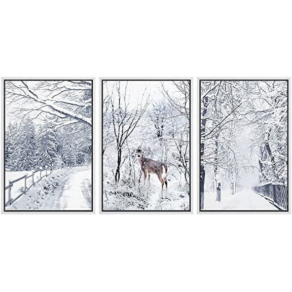 IDEA4WALL Framed Wall Art Print Set Winter Wonderland Snowy Deer Forest Nature Modern Decorative Multicolor Boho for Living Room, Bedroom, Office - 16"x24"x3 White