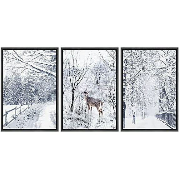 IDEA4WALL Framed Wall Art Print Set Winter Wonderland Snowy Deer Forest Nature Modern Decorative Multicolor Boho for Living Room, Bedroom, Office - 16"x24"x3 Black