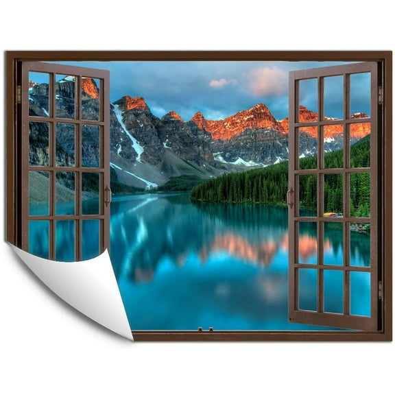 IDEA4WALL Mountains Lake and Forest in Fake Brown Window Peel and Stick Wallpaper Removable Wall Mural Sticker Decal 36x48 inches