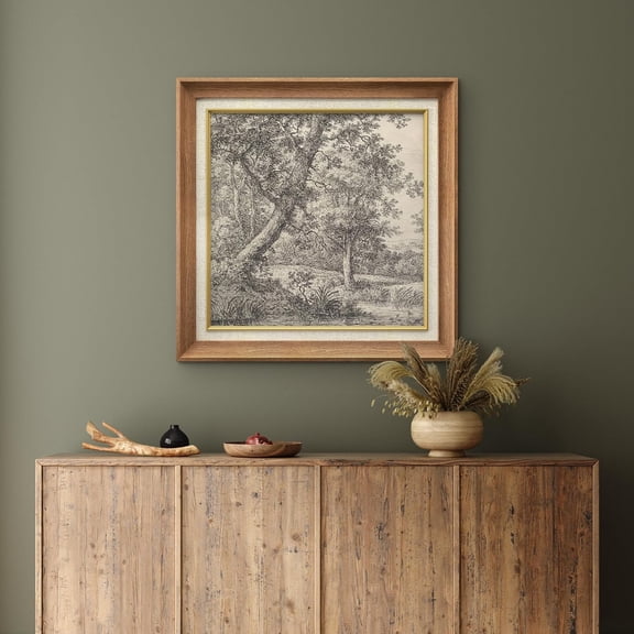 IDEA4WALL Premium Frame Wall Art Antique Landscape with Trees and Castle Classic Print Nature Wilderness Illustrations Fine Art Vintage Country Wall Decor for Living Room, Office - 26"x26" Natural