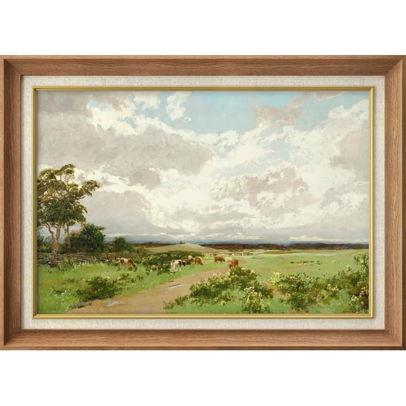 IDEA4WALL Premium Frame Wall Art Cloud Horizon Cow Farm Road Countryside Print Impressionism Scenic Animal Wildlife Wall Decor Rustic Famous Fine Art for Living Room, Office - 26"x36" Natural
