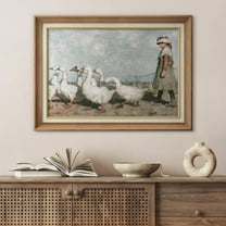 IDEA4WALL Premium Frame Wall Art Little Girl & Goose Flock Animals Print Farmhouse Classic Illustrations Fine Art Colorful Country Wall Decor for Living Room, Office - 26"x36" Natural