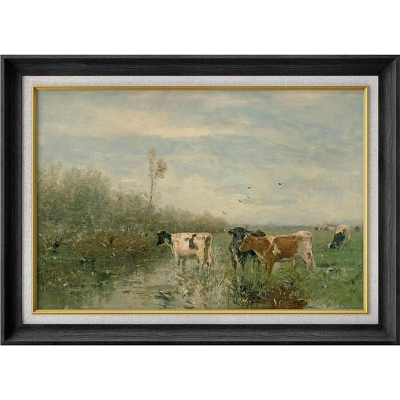 IDEA4WALL Premium Frame Wall Art Pastel Valley Cow Farm Field Landscape Print Impressionism Scenic Animal Wildlife Wall Decor Rustic Famous Fine Art for Living Room, Office - 26"x36" BLack