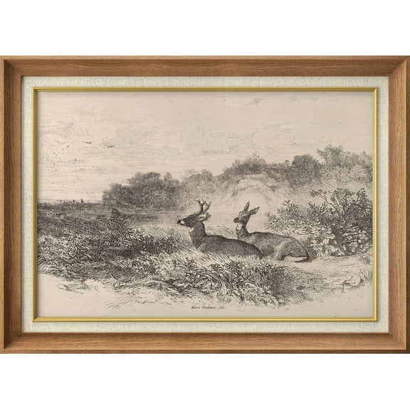IDEA4WALL Premium Frame Wall Art Sketch Deer Duo in Wilderness Classic Art Nature Wildlife Vintage Artwork Countryside Farmhouse Retro Wall Decor for Living Room, Bedroom, Office - 26"x36" Natural