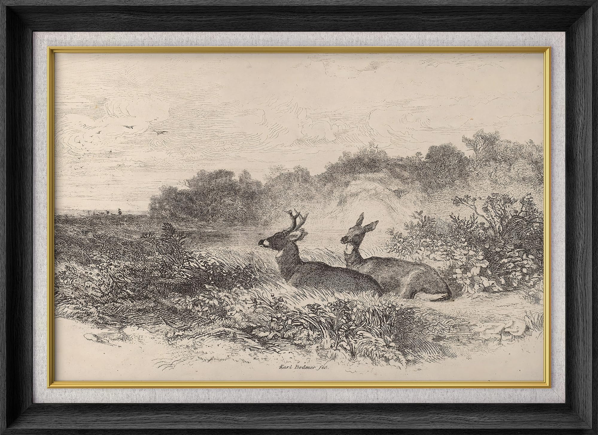 IDEA4WALL Premium Frame Wall Art Sketch Deer Duo in Wilderness Classic Art Nature Wildlife Vintage Artwork Countryside Farmhouse Retro Wall Decor for Living Room, Bedroom, Office - 26"x36" Black - Walmart.com