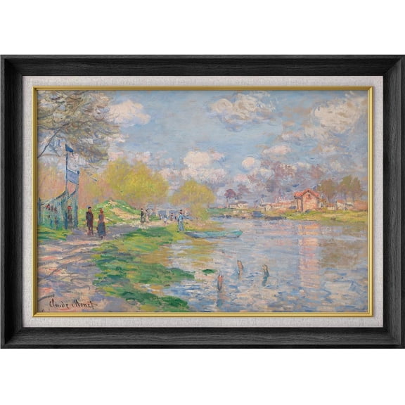 IDEA4WALL Premium Frame Wall Art Spring by The Seine by Claude Monet Historic Cultural Illustrations Impressionism Scenic Fine Art Countryside Colorful Artwork for Home Decor - 26"x36" Black