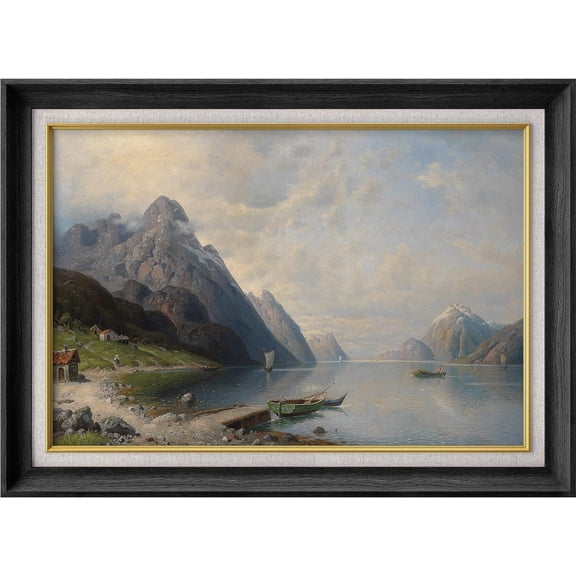 IDEA4WALL Premium Frame Wall Art Vintage Mountainside Country Lake Boats Landscape Print Nature Wilderness Illustrations Fine Art Countryside Colorful Artwork for Home Decor - 26"x36" Black