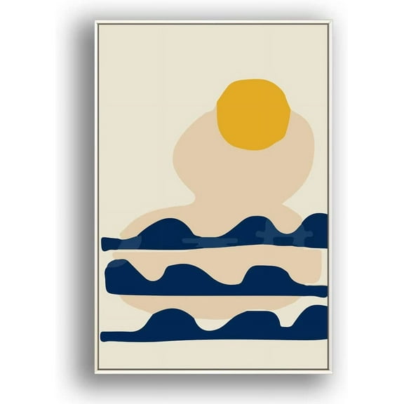 IDEA4WALL Stretched Framed Canvas Print Wall Art Yellow Sun Over Abstract Blue Waves Geometric Patterns Illustrations Modern Art Ultra for Living Room, Family Bedroom, Office - 24"x36" Hang