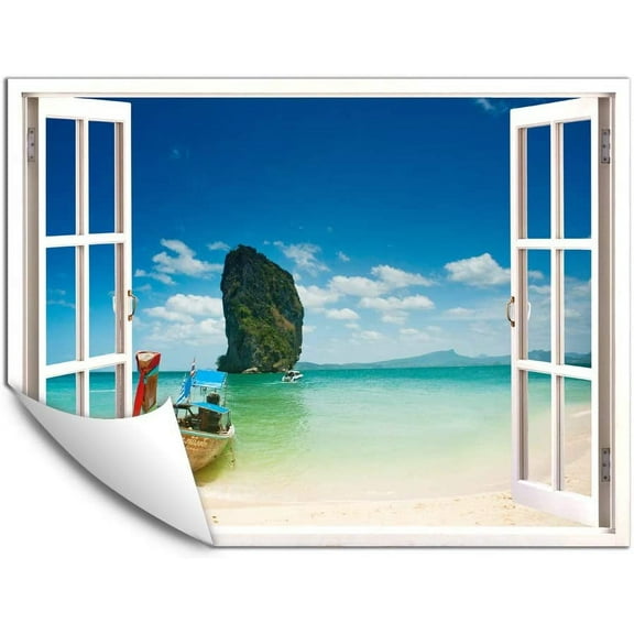 IDEA4WALL Wall Murals Fake White Window with A Hill Standing in the Ocean Removable Wallpaper Peel and Stick Wall Stickers - 36x48 inches