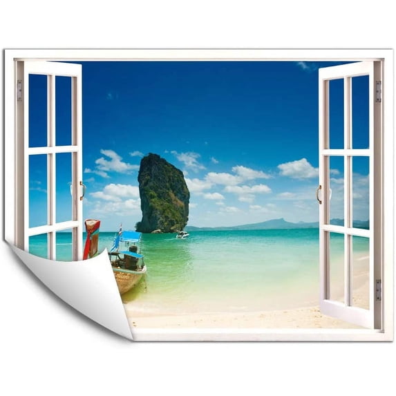 IDEA4WALL Wall Murals Fake White Window with A Hill Standing in the Ocean Removable Wallpaper Peel and Stick Wall Stickers - 36x48 inches