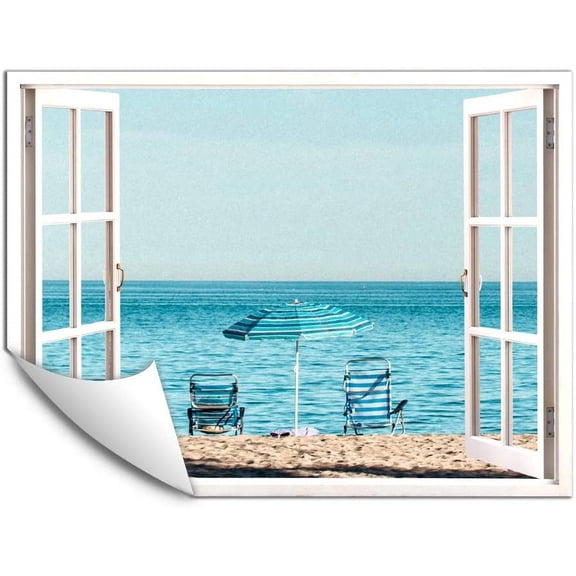 IDEA4WALL Wall Murals Fake White Window with Beach Chairs and Teal Sea Removable Wallpaper Peel and Stick Wall Stickers - 24x32 inches