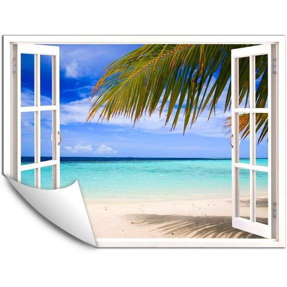 IDEA4WALL Wall Murals Fake White Window with Beach and Palm Tree Leaves Removable Wallpaper Peel and Stick Wall Stickers - 24x32 inches